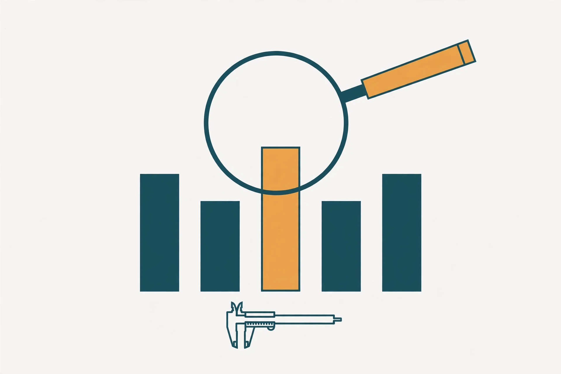 Illustration of a measurement audit: bars, a magnifying glass, and calipers